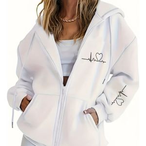 Dames Elegante Witte Full-Zip Hooded Jacket met Volled-rits Sluiting, Fleece Voering & Geometrische Print - Winterwarmt