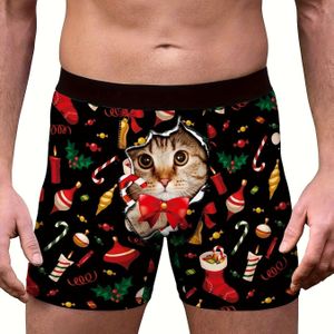 Stijlvolle 1 Pc Heren Kerstmis Kattenprint Rekbare Boxer Briefs - Comfortabel & Snel & Ademend Ondergoed