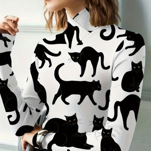 Zwart-Witte Kat Gedrukte Coltrui Slim Fit Lange Mouw Top