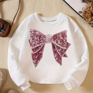Meisjes Pailletten Bowknot Print Sweatshirt - Lange Mouw Ronde Hals Winter Warmte, Zachte Stretch Stof, Roze met Sprankelend Strik Design