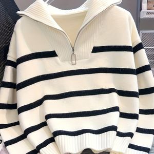 Chic Striped Zip-up Sweater For Women - Cozy & , Spring/fall, Machine Washable