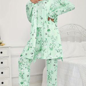 Dames Floral en Vlinderprint 3- Pajama Set met Lange Broek en Lange Mouw Geceerde Badjas, Casual Crew Hals, Gebreide Stof Samenstelling 95% Polyester 5% Elastan, Alle-Seizoenen Loungewear