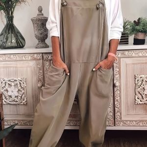 Vrouwen Khaki Wijde Broek Jumpsuit - Off-Shoulder Strapless Ontwerp met Verstelbare Bretels, Elastische Taille & Zakken, Machinewasbaar All-Seizoen Outfit