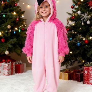 Eend & flamingo onesie - Zachte pluchen jumpsuit met capuchon en flamingo kostuum, winteroutfit voor fotoshoots, feestjes & dagelijks gebruik (Roze) - Handwasbaar lichtbeige vriendelijke romper