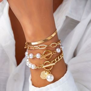 Elegant And 4pcs Bracelet Set - Flat Snake Chain, Chain Link, Artificial Pearl Beaded, O-t Toggle Clasp Bracelets For Daily And Party Wear