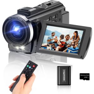SONGDIAN Videocamera Camcorder Digitale Camera Recorder 30FPS 24MP 3,0 Inch 270-Graden Draaibaar LCD 16X Digital Zoom Camcorder met 1 Batterij en 64GB TF Kaart (Zwart)