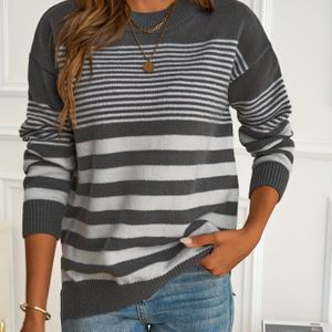Elegante pullover met ronde hals en strepen voor dames - 100% gebreide polyesterstof, kleurblokontwerp, lange mouwen, herfst/wintercollectie