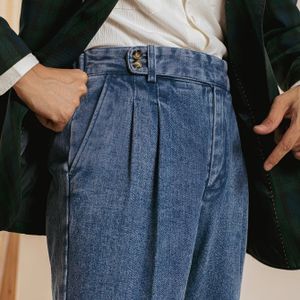 Heren High-Waisted Straight-Leg Denim Broek - Elegante Knoopsluiting, Non-Stretch Stof, Klassieke voor Business Casual & Formele Kleding