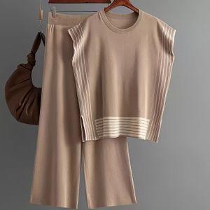 Modieuze damespak: gestreepte split crewneck losse tweedelige set met hoge taille rechte pijpen wijd broek