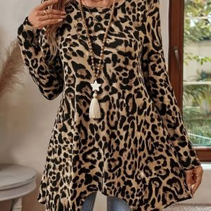 Dames Plus Size Luipaardprint Lange Mouw T-Shirt, Elegante Crew Neck Trui met Asymmetrische , 95% Polyester 5% Elastane, Medium Stretch, 200g/m² Weefselgewicht, Lente/Herfst Mode