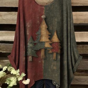 Plus Size - Plus Size - Plus Size - Plus Size - Plus Size - Dames Plus Size Kerstboom Print Lange Mouw T-Shirt - Casual Ronde Hals, Medium Stretch, Losse Pasvorm, Alle Seizoenen, Kerstshirts