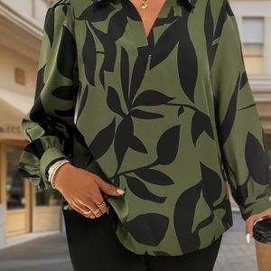 Stijlvolle Plus-Size Damesblouse met Bladprint - Chique Lange Mouwen, Niet-Rekbare Geweven Stof met Kraag, Machinewasbaar - Ideaal voor Lente & Zomer, Plus Size Blouses