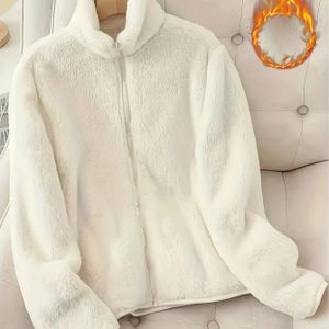 Dames Pluche Winterjas Hoge Hals Rits Voor Sluiting Jas - Kleur Wasmachinebestendig Herfst Winter Buitenkleding, Elegante Casual Warme Blazer voor Koud Weer Laagjes, Kleur Pluche Jas
