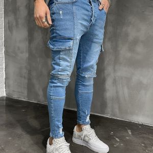 Herenslim-fit Distressed Denim Jeans met Zijzakken - Hip-Hop Streetwear Stijl, Lichtblauw Wash, Stretchstof, voor Alle Seizoenen, Casual Streetwear|Distressed Denim|Stretchstof Jeans