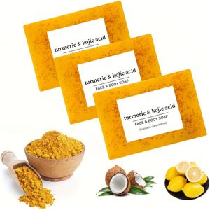3-in-1 Kurkuma + Citroen + Kojic Zuur Handgemaakte Zeep*3 stuks Praktische Combo, Kurkuma Zeep Citroen Zeep Kojic Zuur Zeep, Bevat 0.3% Kojic Zuur, Diepe Reiniging