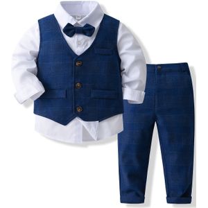 Jongens' Lente/Herfst Blauw Driedelige Set: Vest + Lange Mouwen Overhemd met Kraag + Broek