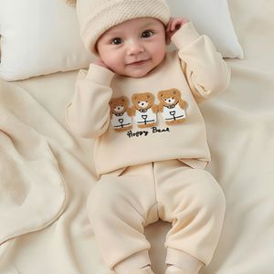 Nieuwgeboren Baby Jongen Cartoon Beer Geborduurde Sweatshirt en Bijpassende Comfortabele Casual Lange Mouwen Broek Tweedelige Set, Perfect voor Herfst en Winter , Perfect voor Buiten