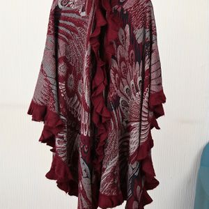Vrouwen Poncho met Midden-Oosterse Pauwprint - Asymmetrische Zoom, Lange Mouwloze Acryl Strandbedekking voor Casual & Formele Kleding, Strandomslag, Middel-Oostelijke Stijl, Verfijnde Textuur