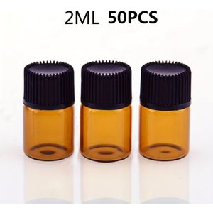 50 stuks Mini Essentiële Olie Flessenjes - 1/2/3/5ml Amberkleurige Glazen Potjes met Mondstukverkleiners & Doppen, Hypoallergeen, Navulbare Make-up Monstercontainers voor Reizen - Bescherming