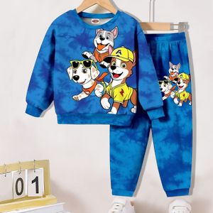 Herfst Outfit Tie-Dye Print Cartoon Puppy Ronde Hals Lange Mouw Sweatshirt 2-delige Set, Stijlvol Blauw Tie-Dye Effect met Cartoon Puppy , Casual Leuke Fashion Kleur, voor Buiten, Voor Tieners
