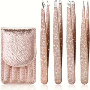 4-delige Set Hoogwaardige Wenkbrauw Pincetten, Professionele Roestvrijstalen Pincetten voor Wenkbrauwen, Ingroei Haar, Gezichtshaar en Wimperextensions