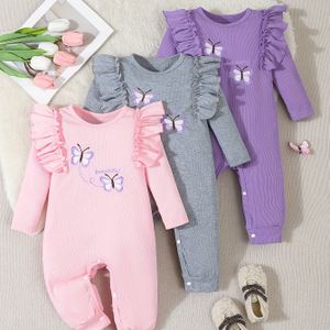 3-delige set schattige gebreide stoffen babymeisjes jumpsuits met ronde hals, lange mouwen, elastisch vlinderpatroon, losse pasvorm lente/herfstcollectie, voor buiten