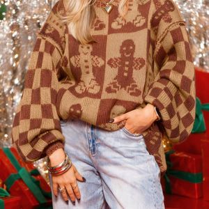 Dames Knusse Kersttrui - Bruine & Pullover met Design, Zachte Stretch Stof, Lange Mouw Ronde Hals Trui voor Herfst/Winter, Dames Truien