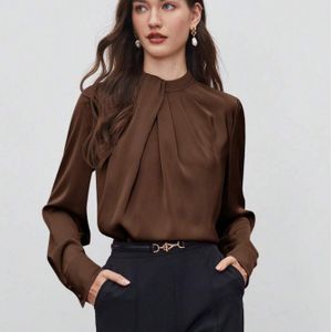 Vrouwen Elegante Lange Mouw Ronde Hals Blouse - Kleur Beige, Twist Voorkant Detail, Lichtgewicht Polyester, Perfect voor Lente/Zomer/Herfst, Veelzijdig Casual tot Formele Kleding, Damesblouses