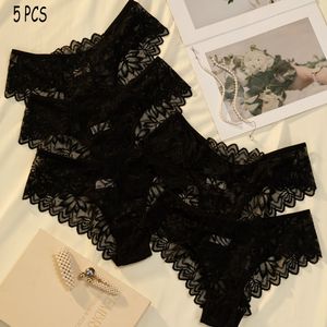 5 stks Dames Lage Rijpe Triangel Panty met Contrast Lace Trim - Ademend, Stretchy, Elegant & Sexy Ontwerp in Zwart, Beige en Wit, Comfortabele Ondergoed|Elegante Lingerie|Stretchy Stof