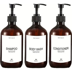 3 hervulbare shampoo conditioner body wash dispenserflessen met pomp, badkamerlotion dispensercontainer met waterdichte labels 500 ml