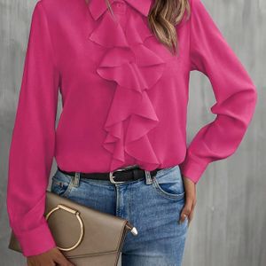 1pc Elegante Blouse Met , Lange Mouw Blouse Met , 100% Polyester Kleur Geweven Blouse Voor Vrouwen, Voor Lente/Herfst