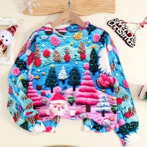 Meisjes 3D Print Kerstman Trui - Modieuze Volledige Bedekking Feestelijke Ronde Hals Lange Mouwen Brei Pullover, Perfect voor Feesten en Casual
