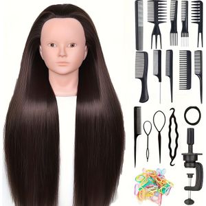 24 Inch Mannequinhoofd, Make-up Cosmetologie Manikin Oefenpop Hoofd met Haar, Vlecht Haarstyling Hoofd voor Haarstyling met Tafelklem + DIY Haarstyling Set