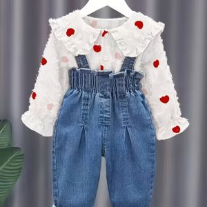 Nieuwe Lente Meisjes Collared Love Print Denim Overall Set Voor Herfst, Modieuze Lange Mouw Broekoutfit Voor Jongeren, Voor Buiten