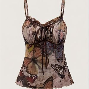 Y2K vlinderprint ruchelijnen top met ronde hals - Verstelbare bandjes, bloemen- en insectenpatroon, lichtgewicht polyester, perfect voor lente en zomer