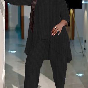 Dames Plus Size Mode Ronde Hals Tweedelig Outfit, Polyester , Asymmetrisch, Egaal Kleur, Elegante Midden-Oosterse Stijl, Stretch Stof, Cozy Loungewear Set