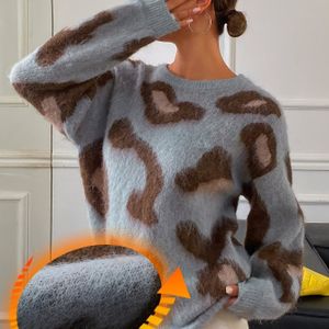 Dames Oversized Luipaardprint Trui - Zacht & Dierenprint Pullover, Lange Mouw Ronde Hals Trui voor Herfst/Winter, Gelaagd Essentieel, Luipaardprint Trui