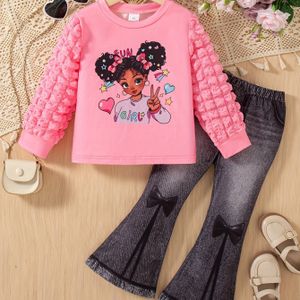 Meisjes Casual Uitje Mode Print Cartoon Portret Ronde Hals Lange Mouwen Sweatshirt en Denim Lange Broek Tweedelige Set voor Lente en Herfst