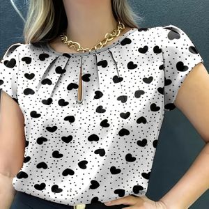 Dames Rood & Wit Hartjes Print Blouse - Korte Mouwen Ronde Hals Semi-Transparante Zomer Top met Lace-achtige Kragen, Relaxed Fit Casual Elegante Shirt (Witte Stippen en Rode Har