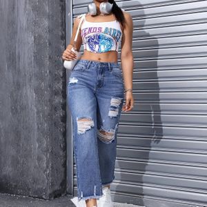 Vrouwen Distressed Denim Jeans met gefrayde zoom - High-Waisted, Slim Fit, Lichtblauw, Niet-rekbare stof, Perfect voor casual of edgy outfits, High Waisted Jeans voor vrouwen