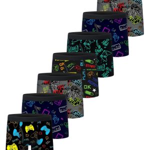 7 stuks jongens bedrukte boxershorts - sneldrogende shorts, gamecontroller doodle thema ademend ondergoed (gamecontroller, batterij, letters) - semi-open sluiting voor extra