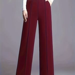 Dames High-Waist Loose-Fit Straight-Leg Broek | Mom Fit, Elastische Tailleband, Kleur, Lange Lengte, Geschikt voor Herfst/Winter