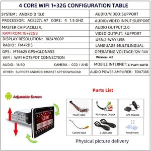 Universele GPS 1 Din 10'' IPS 10 MP5 Speler met Touchscreen Wifi voor Auto DVD Radio, Zonder Batterij, Autoradio Speler