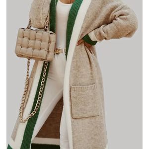 Kleurblok Open Gebreid Vest, Vintage Lange Mouw Lange Trui Jas Met Zak, Dameskleding