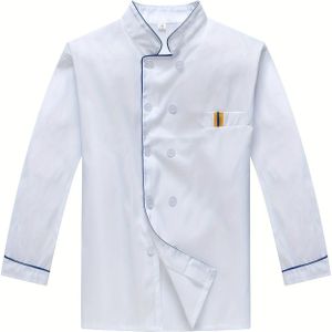 Herenkoksjas voor heren, formele lange mouw dubbelbreasted staande kraag gestreepte jas voor keuken chef-koks werken in restaurant