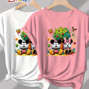 2pcs & Mouse Graphic T-shirts For Women - Soft Stretchy Short Sleeve Round Neck Tees With Tropical Floral & Print, White & Pink, Spring/summer Casual Wear