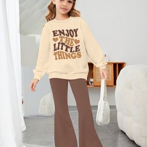 Alfabetten 2- meisjes casual print comfortabele all-match ronde hals sweatshirt en uitlopende broek set, schattig, lichtgewicht en comfortabele herfstoutfit!