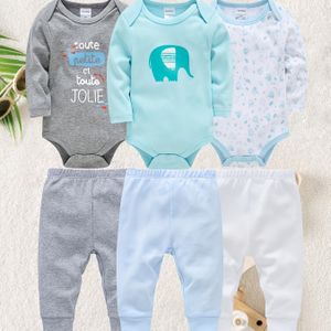 6-delige Herfst Winter Baby Jongens Kledingset 100%Katoen Nieuwgeboren Romper+Broek Schattig Olifant Print Pak, Perfect voor Buiten-activiteiten