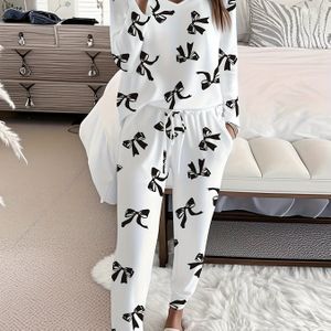 Vrouwen Casual en Comfortabele Pyjama Set met Strikprint, V-Hals, Lange Mouwen en Broek - Tweedelige Thuisoutfit voor Buiten