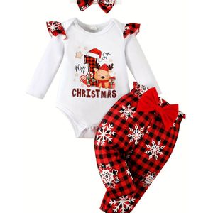 Meisjes Kerstthema Letterprint Bodysuit met Lange Mouwen en Sneeuwvlokken Broek met Strik Haarband, Schattige Herfstoutfit, Perfect voor Buiten